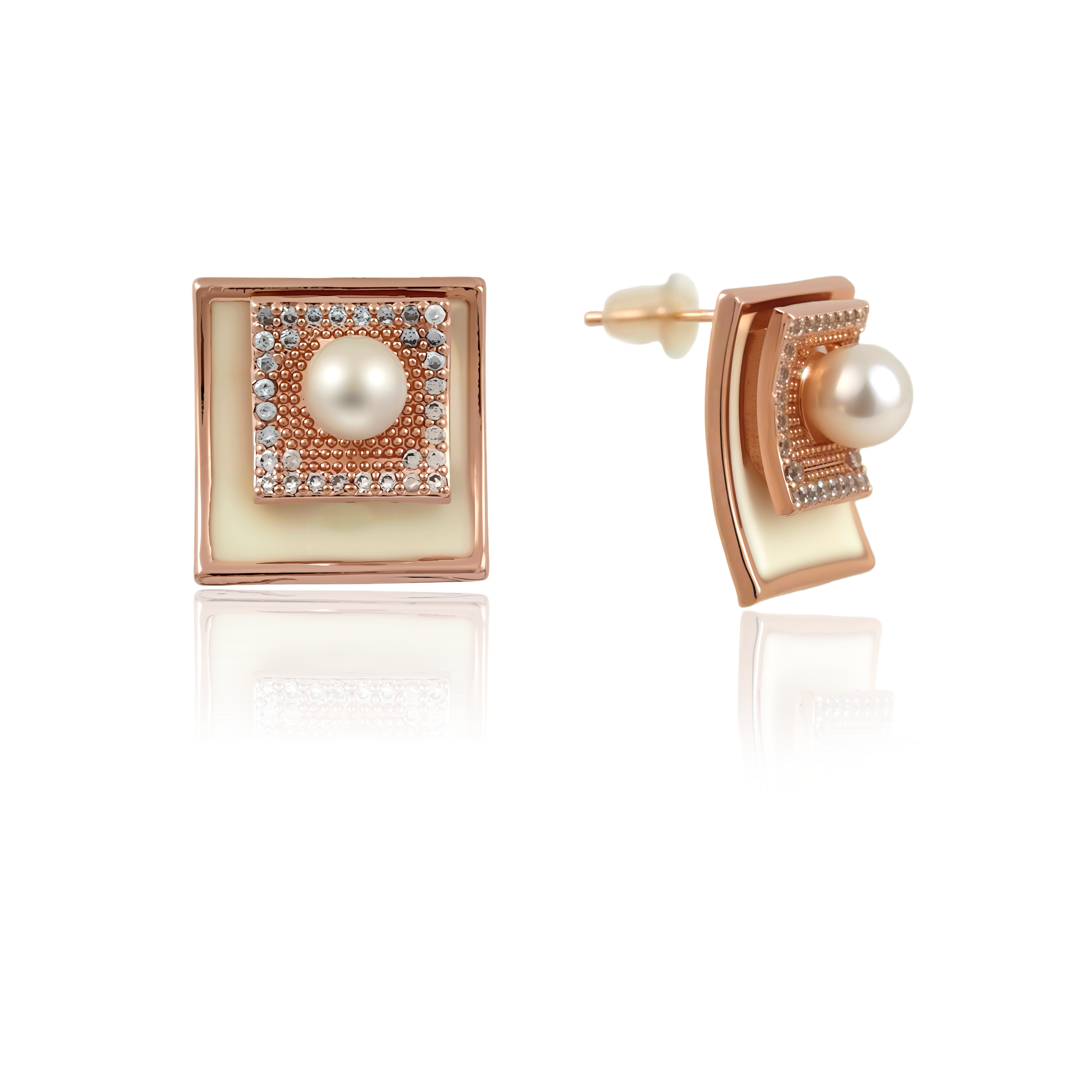 Rose Gold Square Pearl & Crystal Stud Earrings
