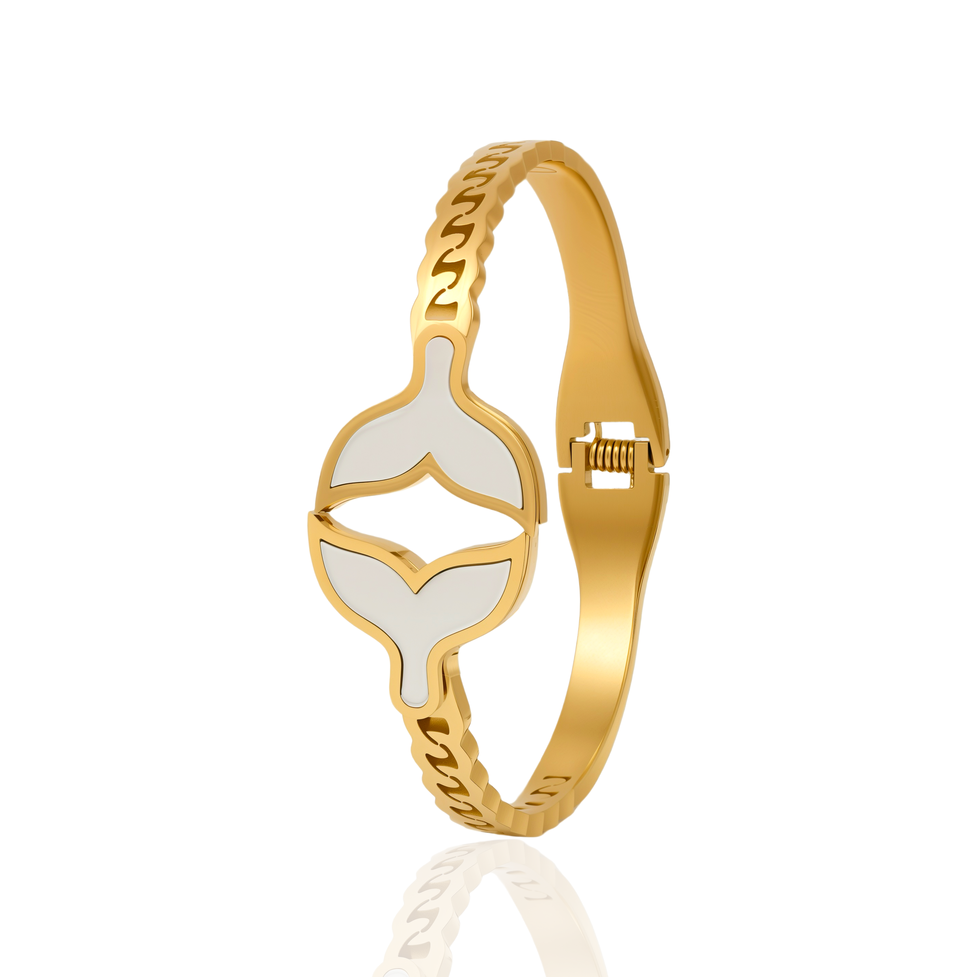 Gold-Plated Whale Tail Bracelet with White Enamel Inlay