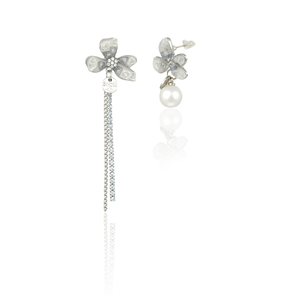 Crystal Petal Earrings with Asymmetric Pearl and Chain Design