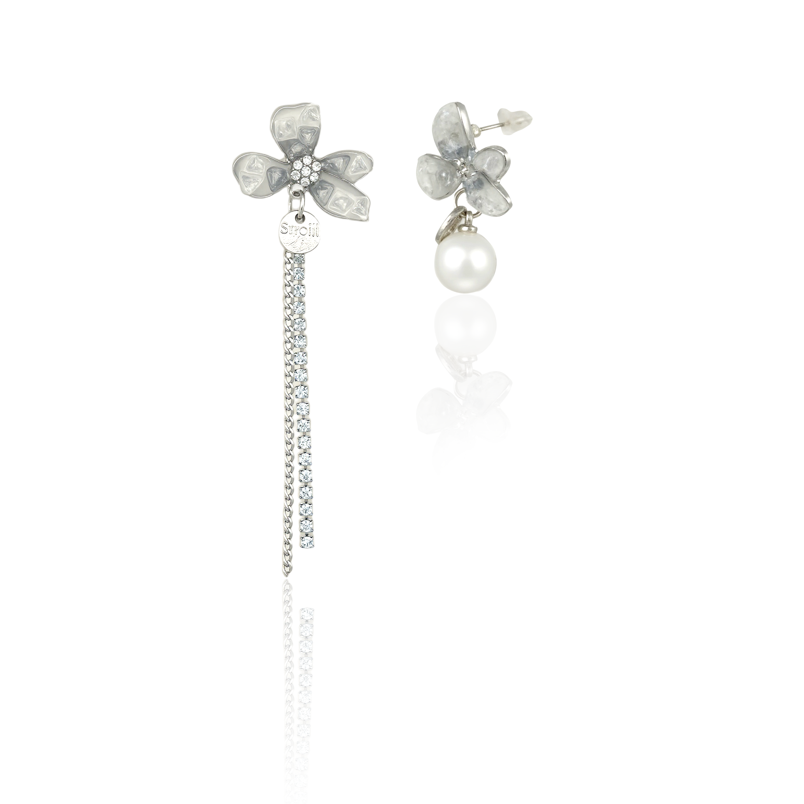 Crystal Petal Earrings with Asymmetric Pearl and Chain Design