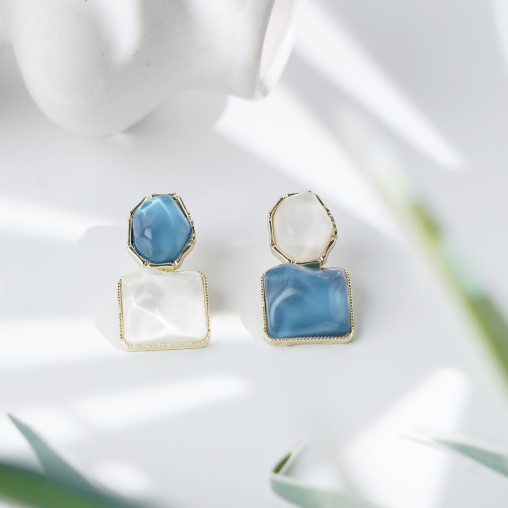 Elegant Blue and White Dual-Tone Drop Earrings