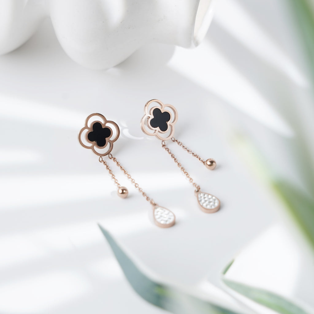 Rose Gold Black Enamel Clover Dangling Earrings with Double Chains