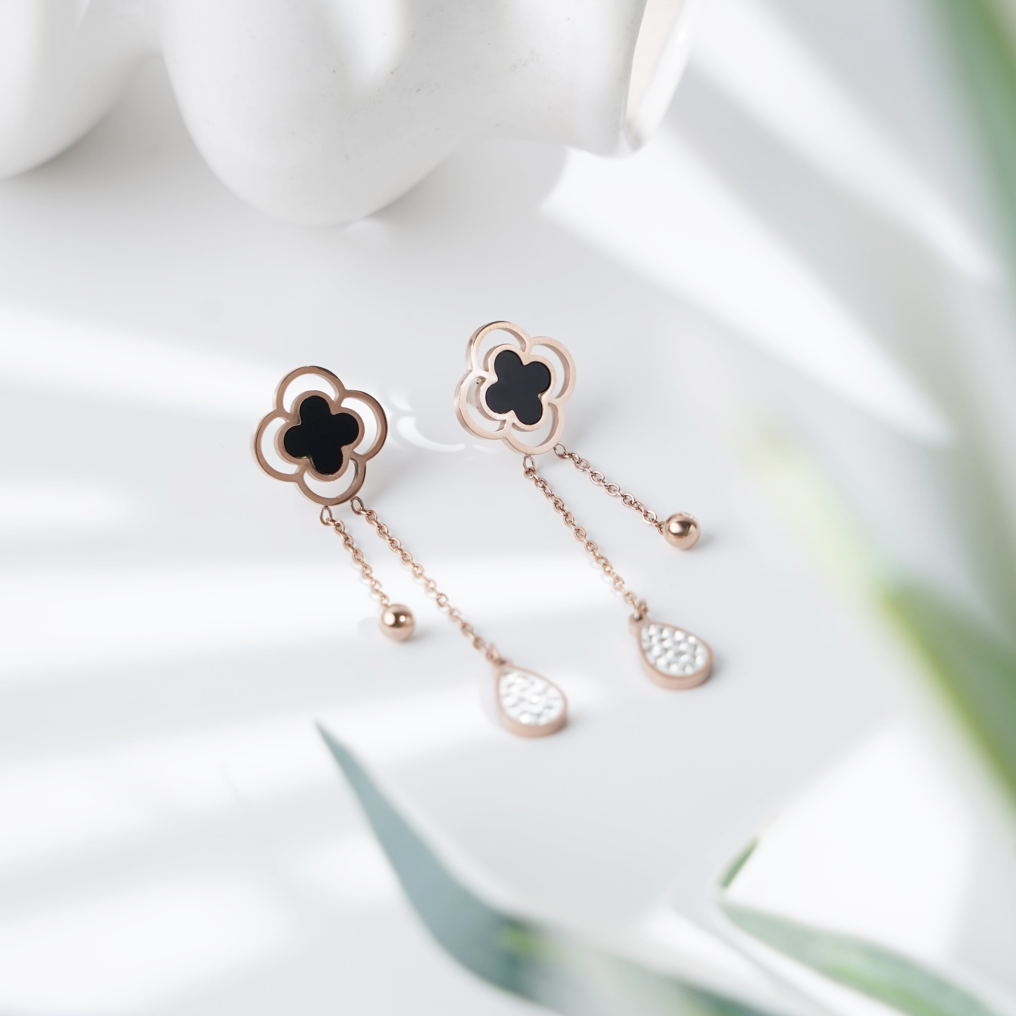 Rose Gold Black Enamel Clover Dangling Earrings with Double Chains