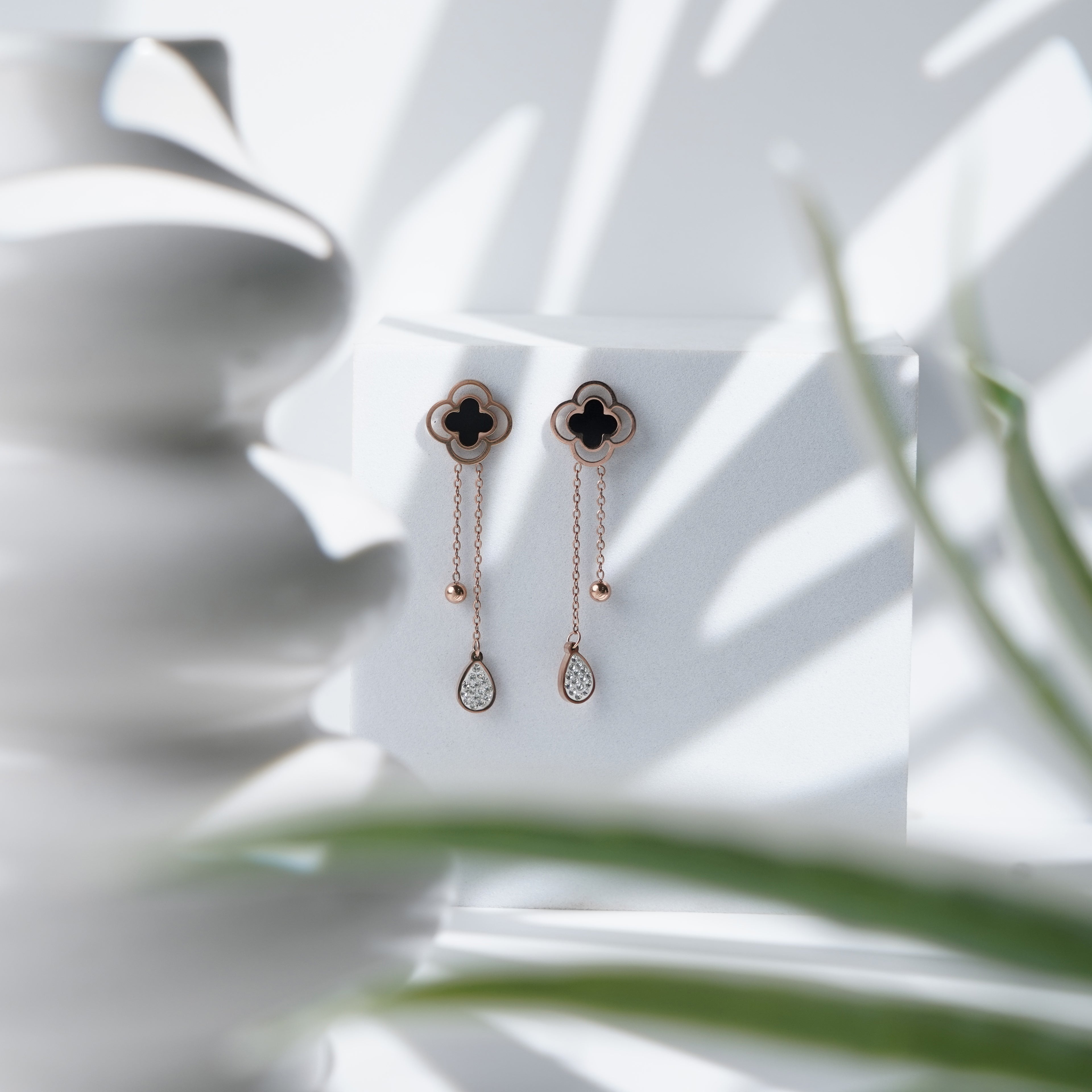 Rose Gold Black Enamel Clover Dangling Earrings with Double Chains