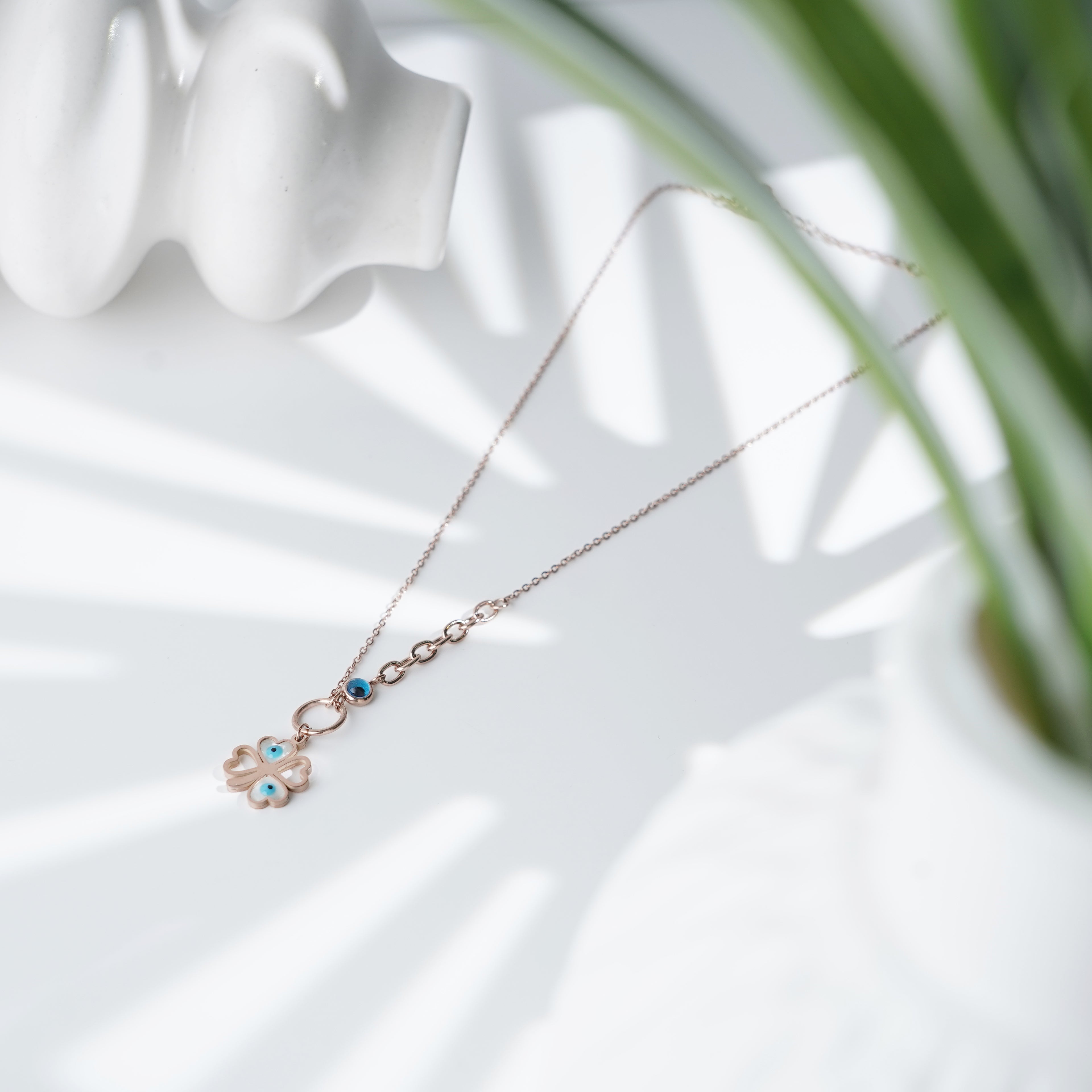 Evil Eye Clover Necklace in Dainty Rose Gold
