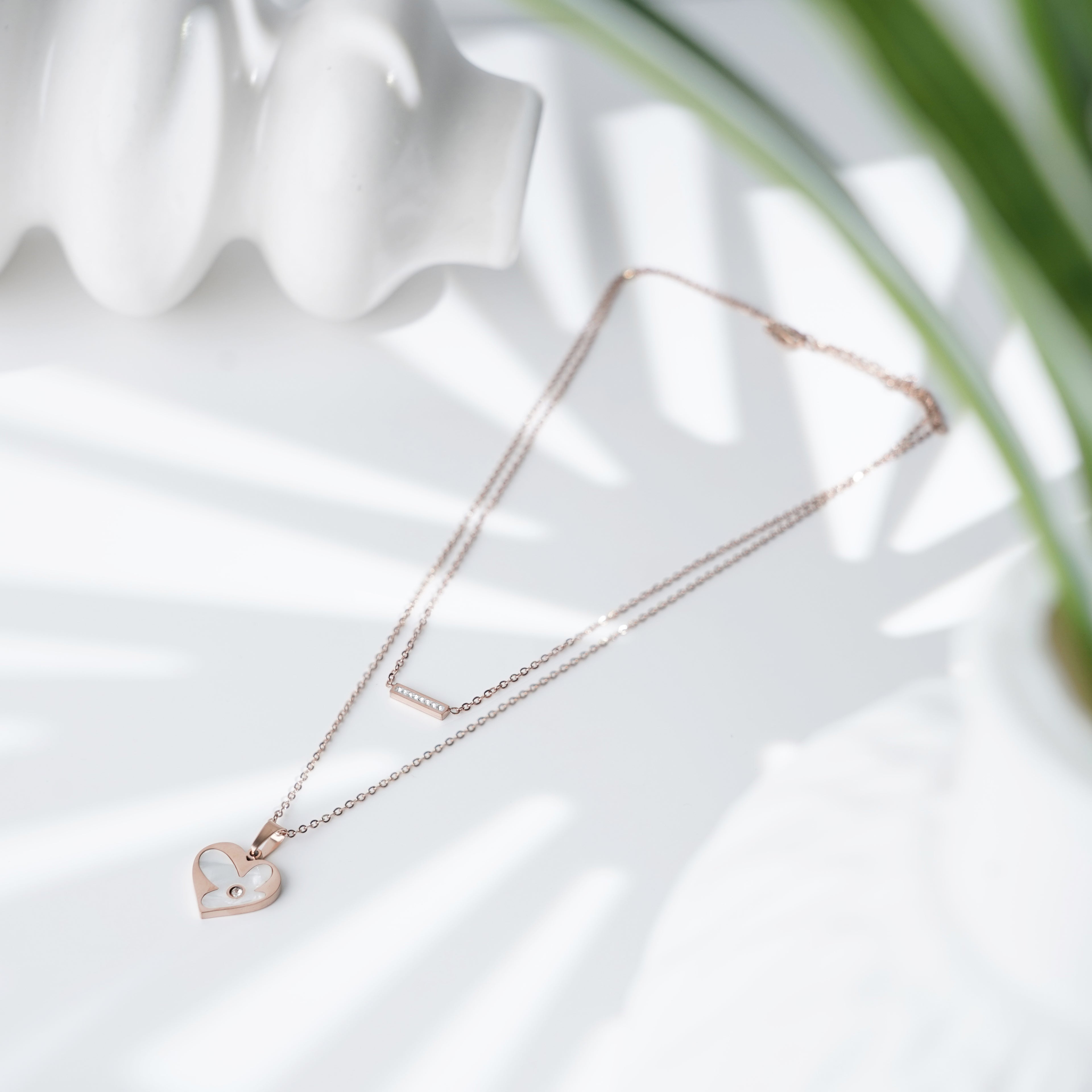Romantic Double Chain Rose Gold Heart & Bar Necklace