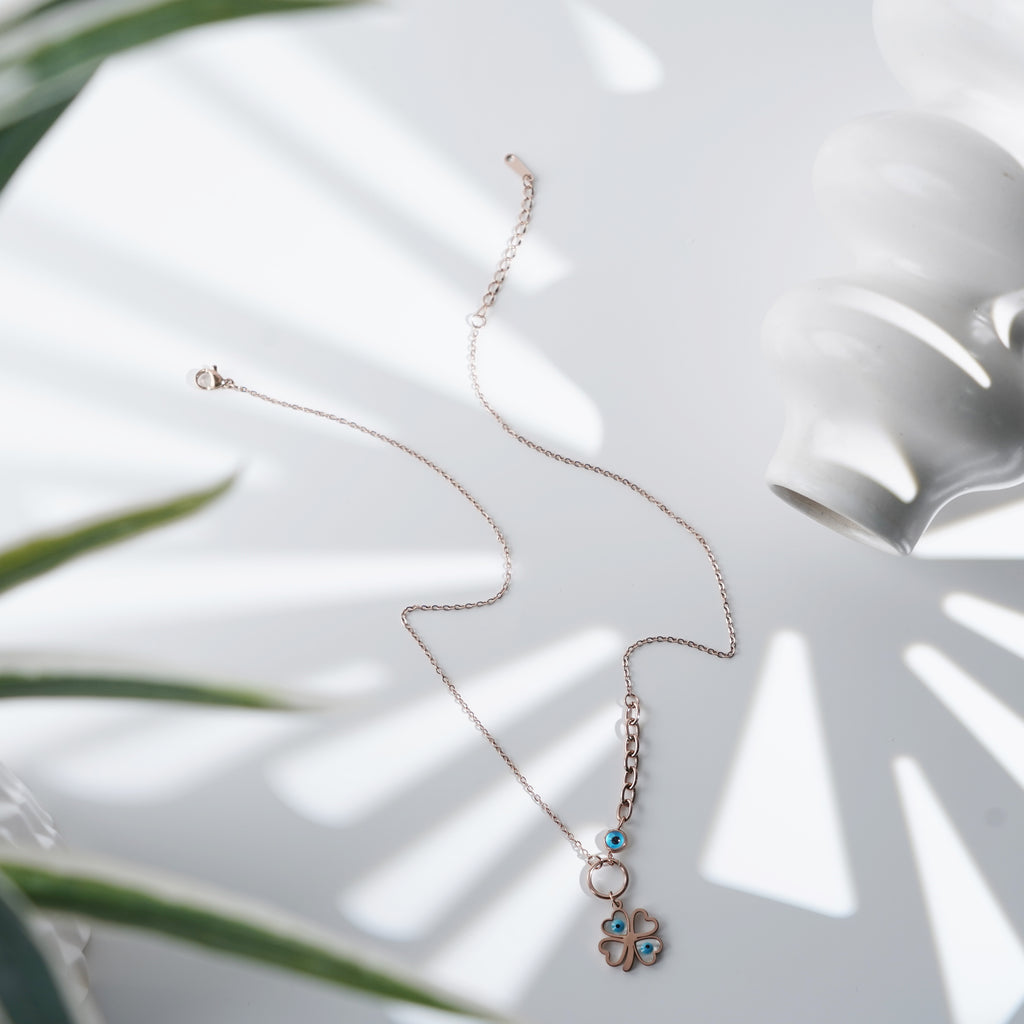 Evil Eye Clover Necklace in Dainty Rose Gold