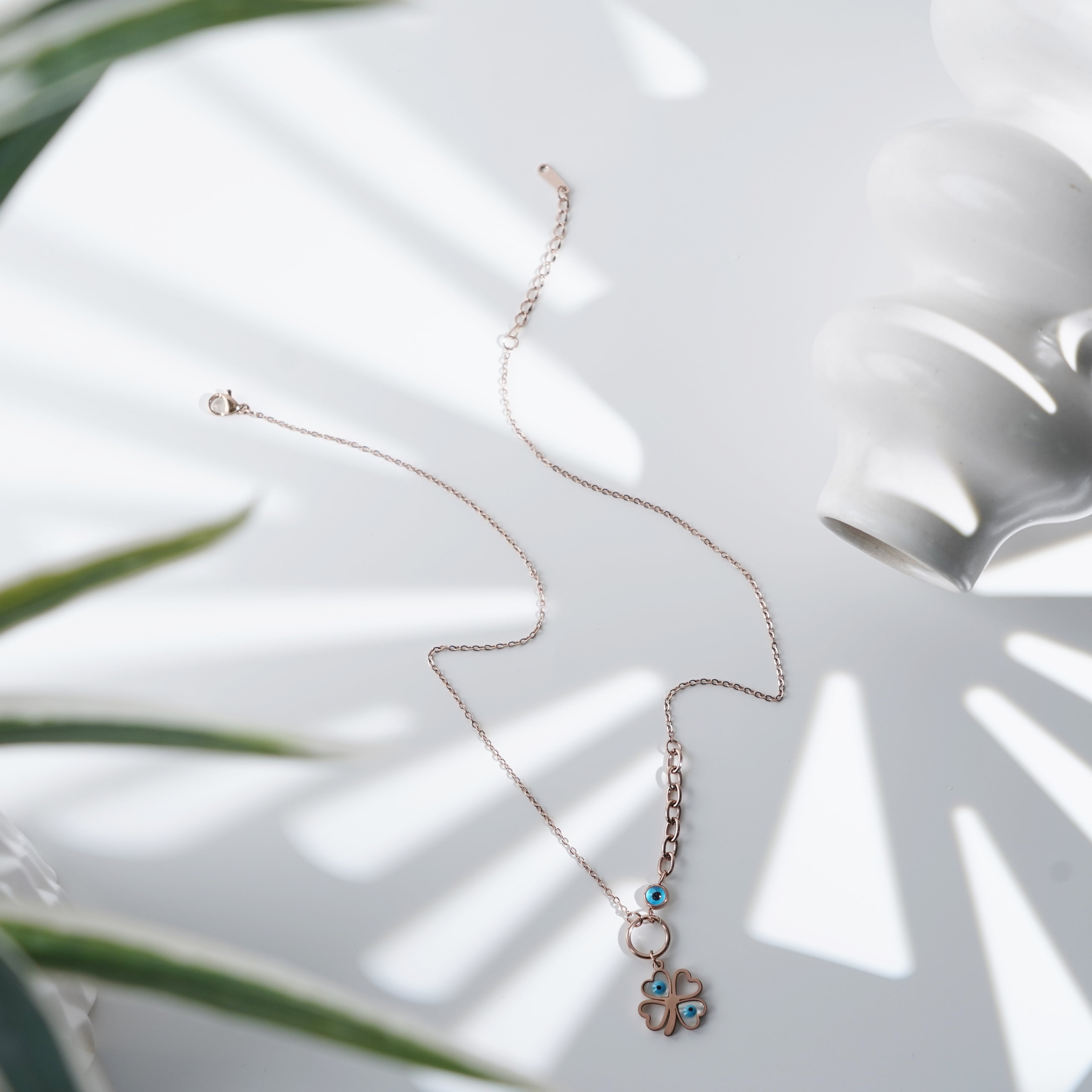 Evil Eye Clover Necklace in Dainty Rose Gold