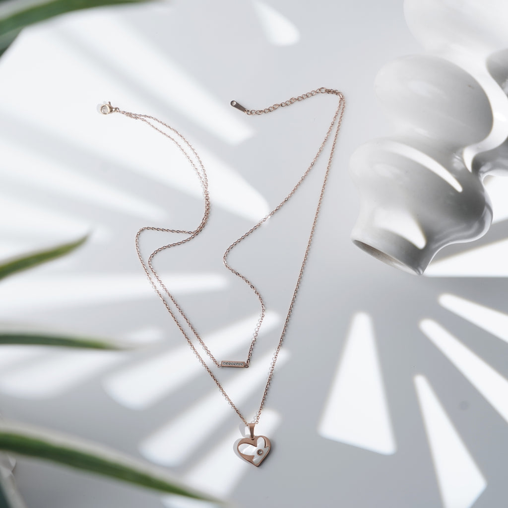 Romantic Double Chain Rose Gold Heart & Bar Necklace