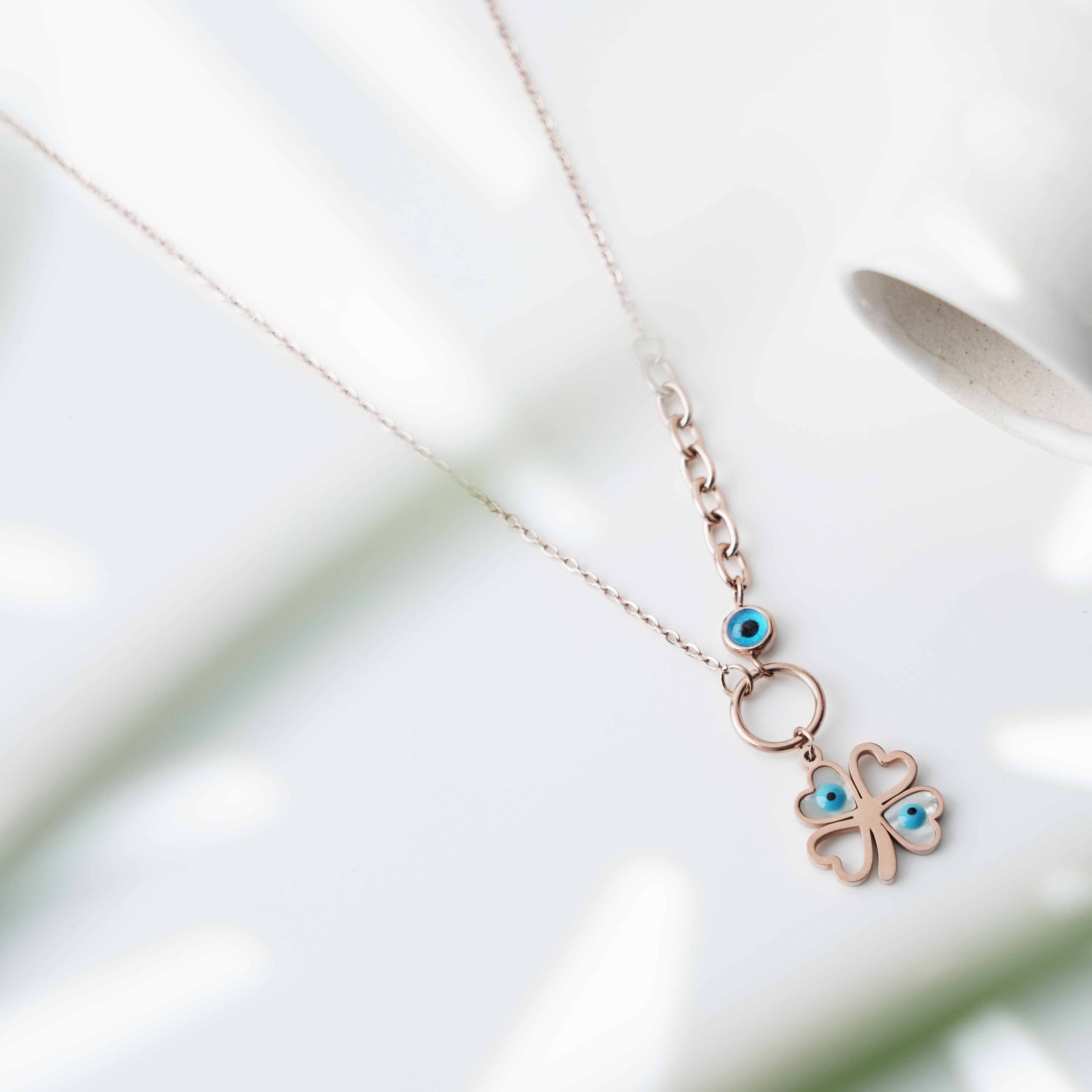 Evil Eye Clover Necklace in Dainty Rose Gold