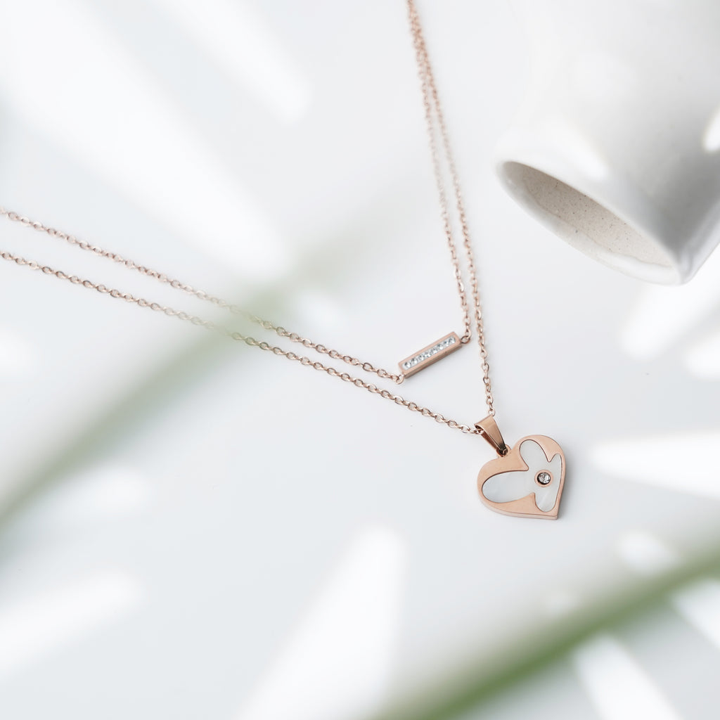 Romantic Double Chain Rose Gold Heart & Bar Necklace