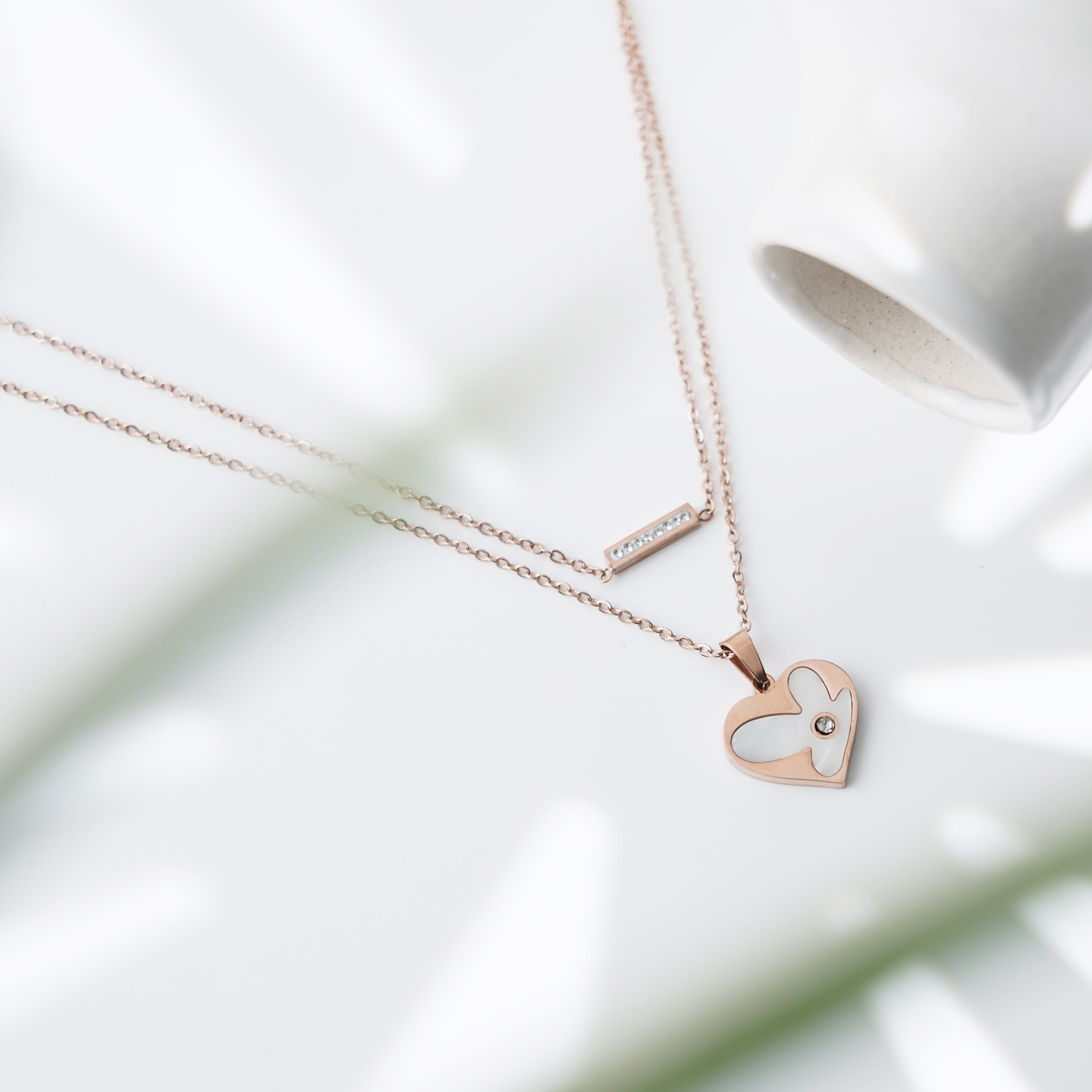 Romantic Double Chain Rose Gold Heart & Bar Necklace