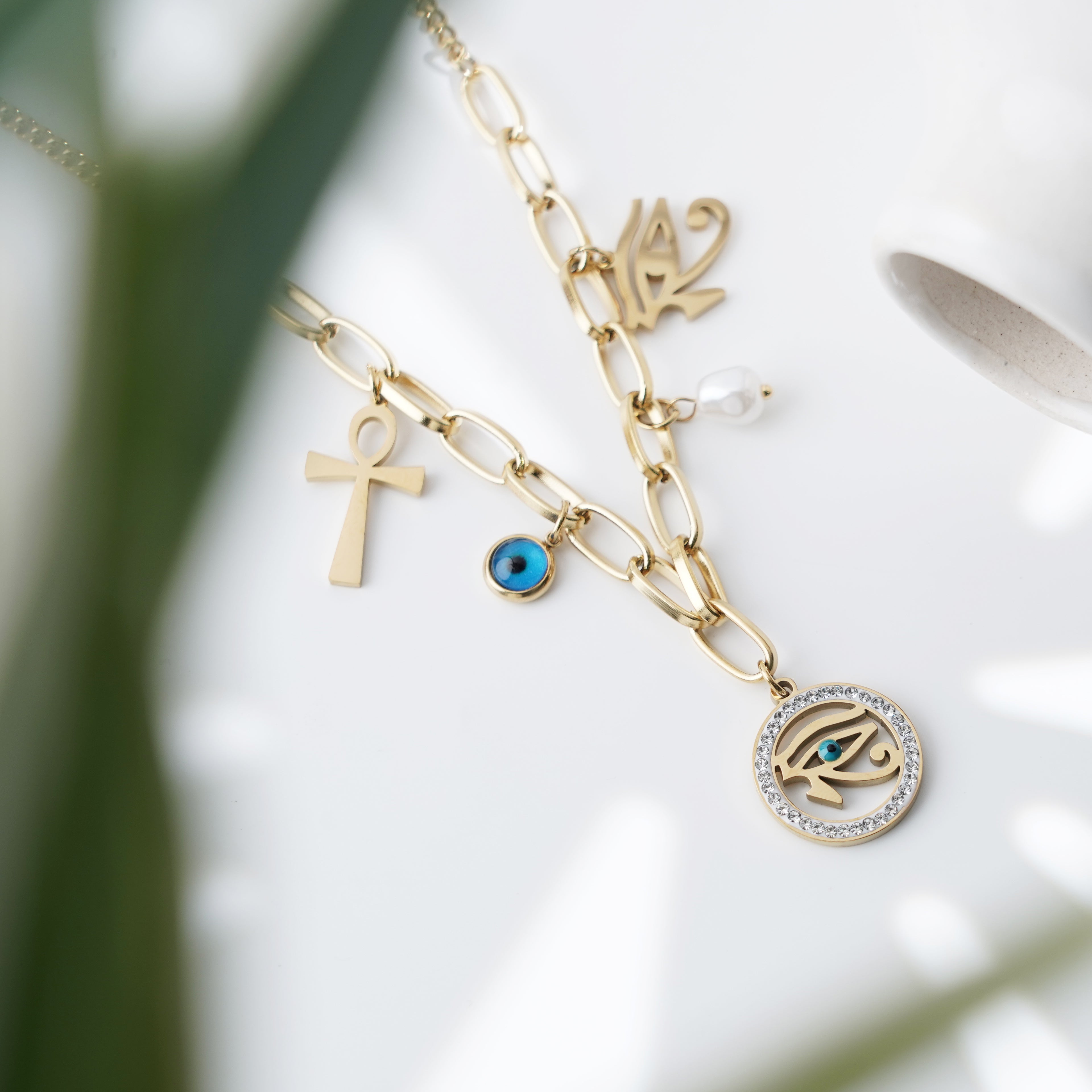 Eternal Glow Necklace with Horus Eye & Pearl Charms