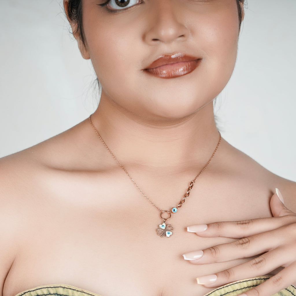 Evil Eye Clover Necklace in Dainty Rose Gold