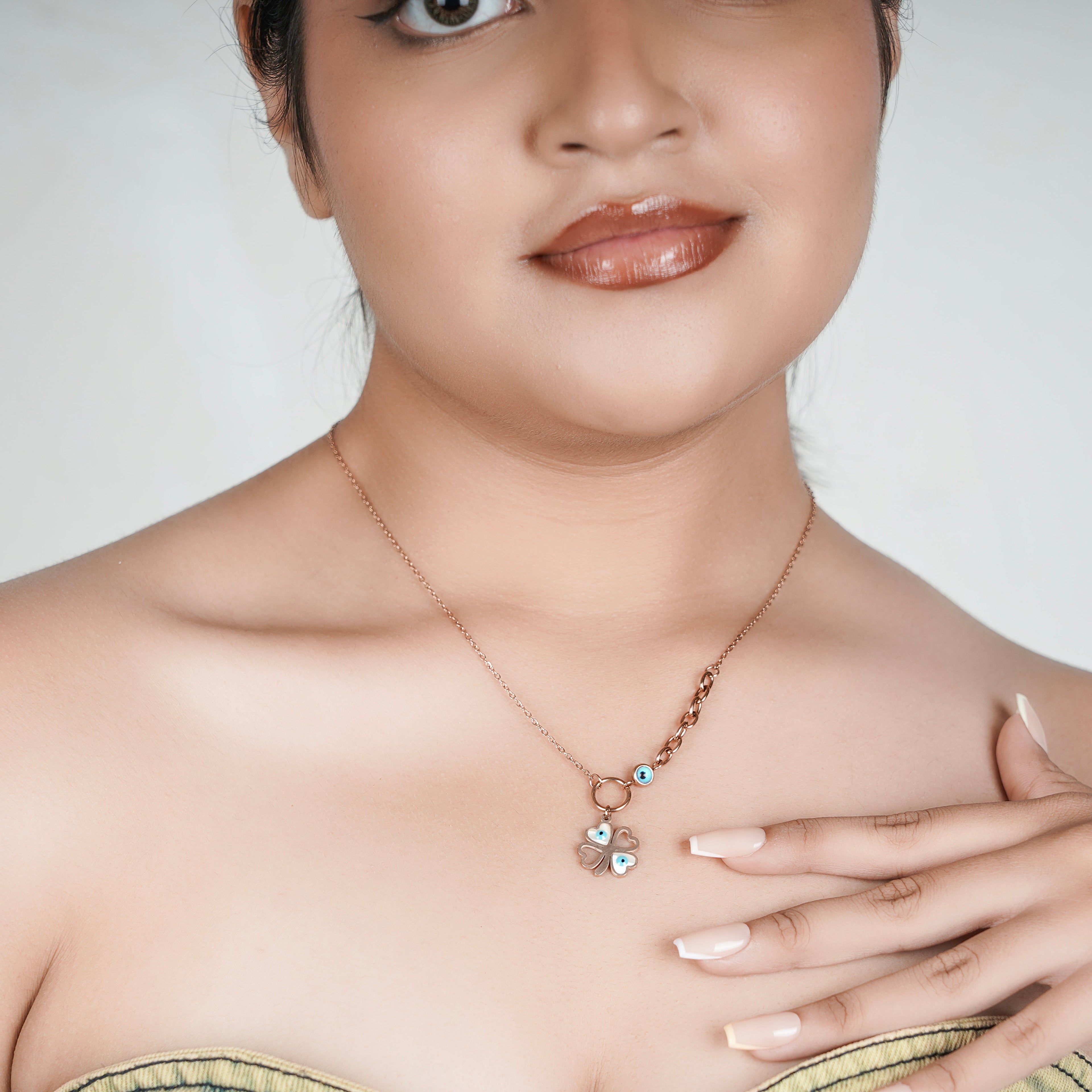 Evil Eye Clover Necklace in Dainty Rose Gold