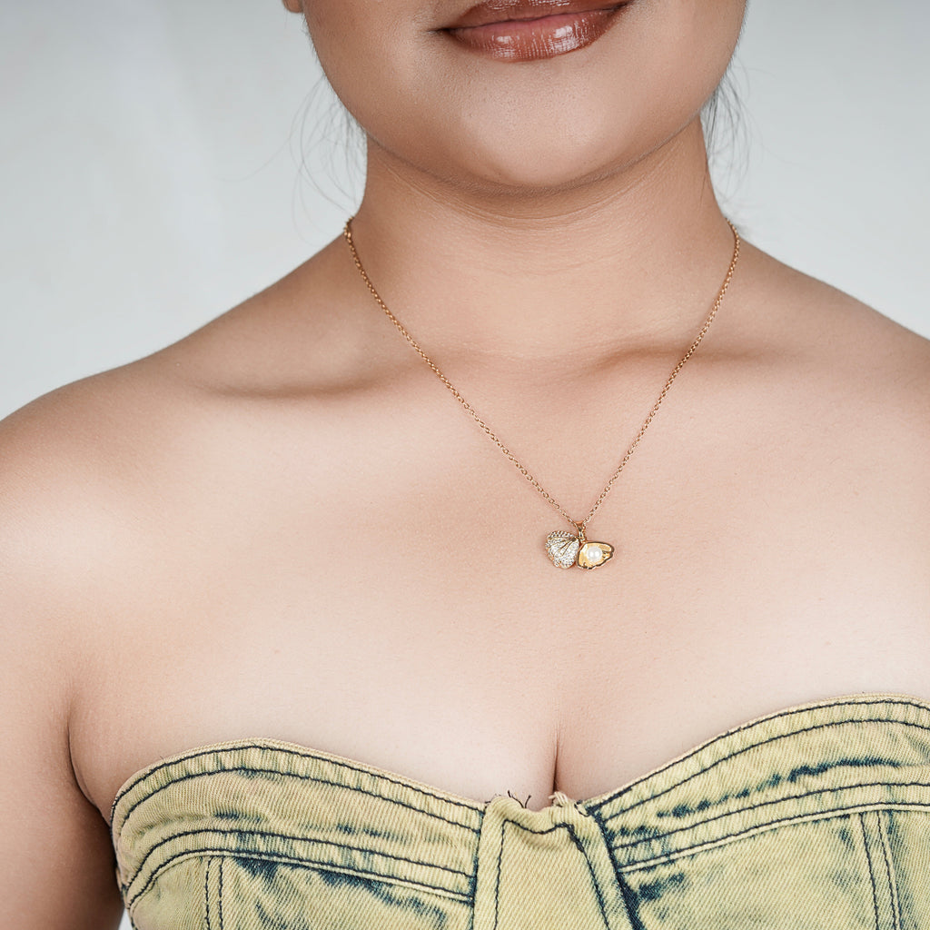 Golden Seashell Locket Necklace with Pearl Accent