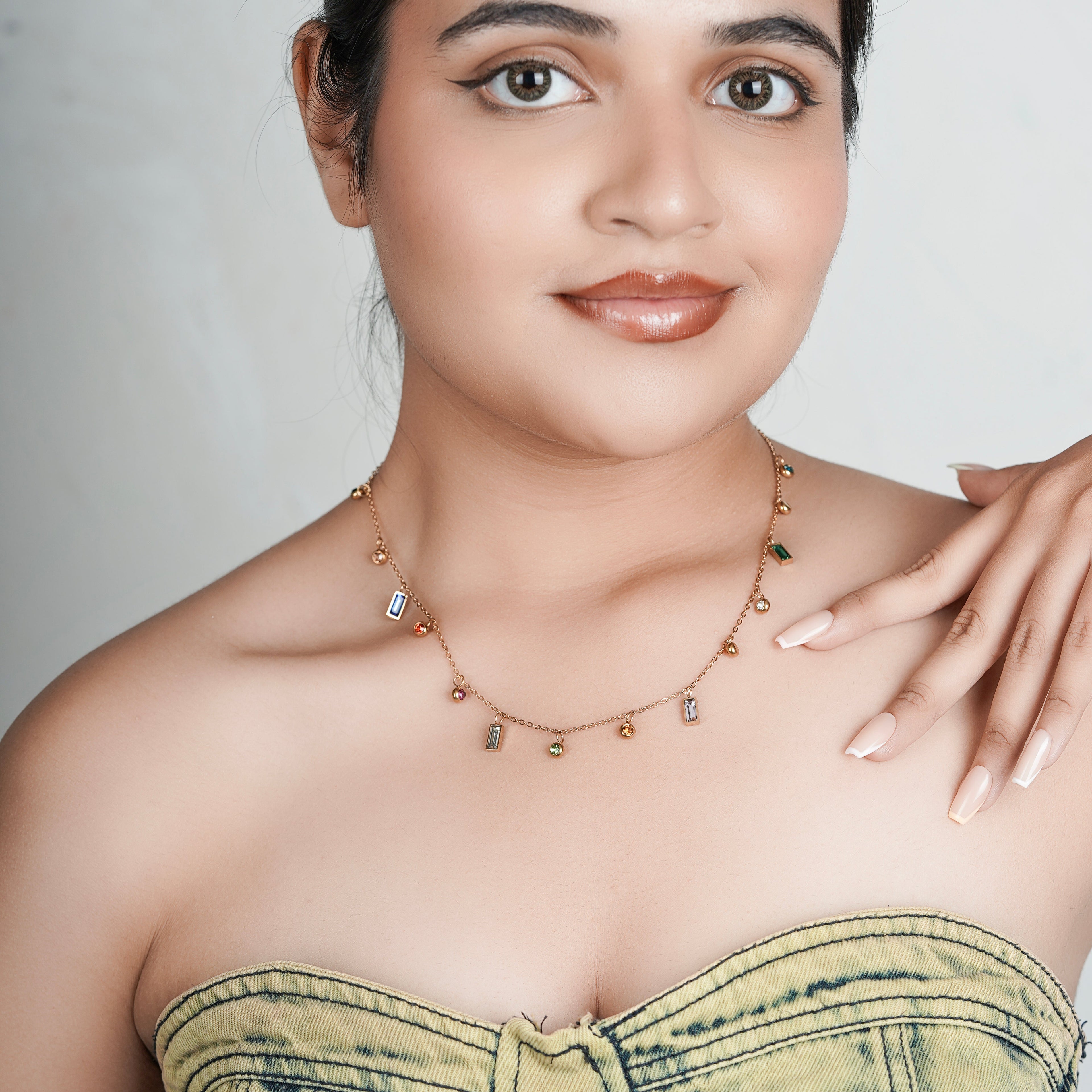 Necklace with Multicolor Gemstone Charms