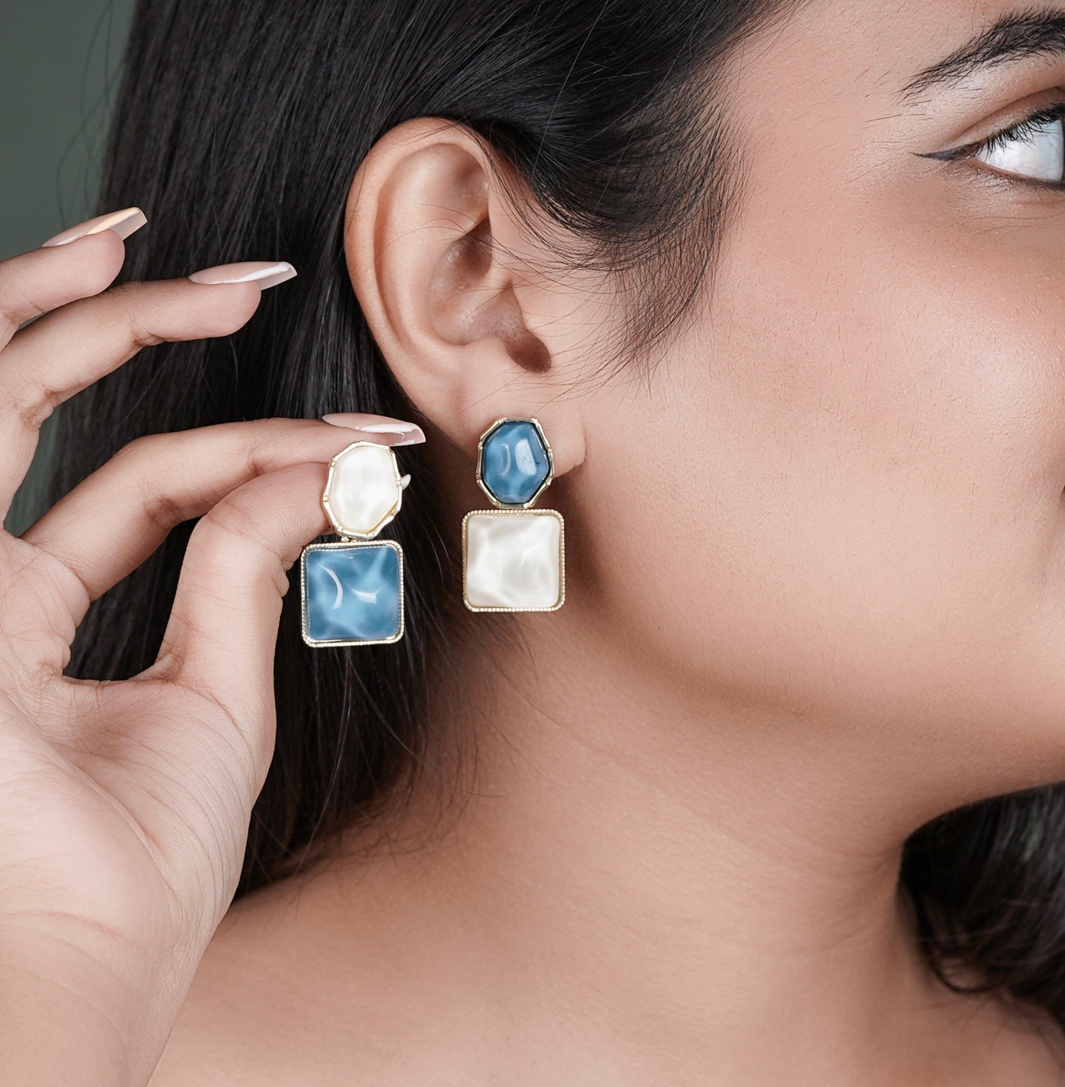 Elegant Blue and White Dual-Tone Drop Earrings