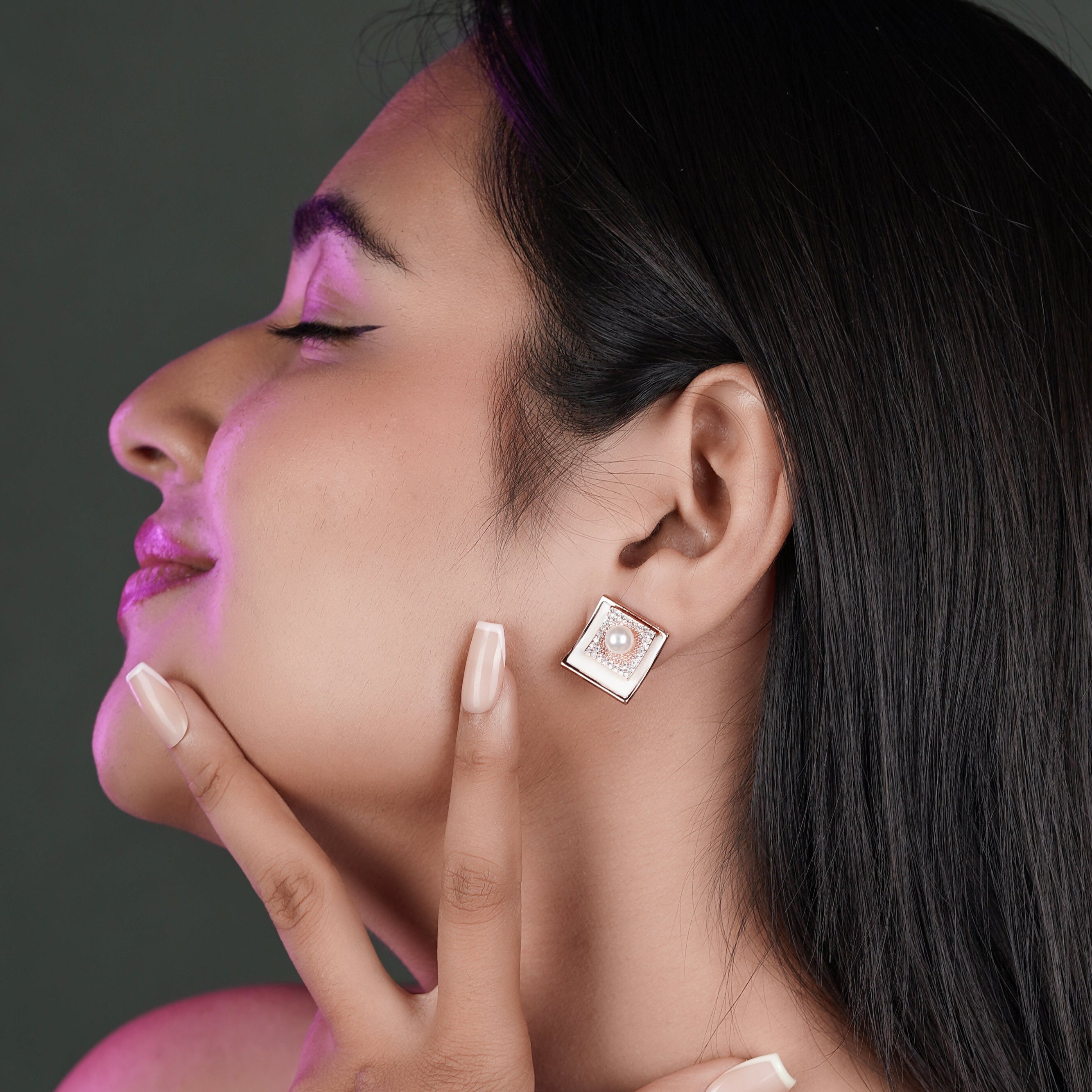Rose Gold Square Pearl & Crystal Stud Earrings