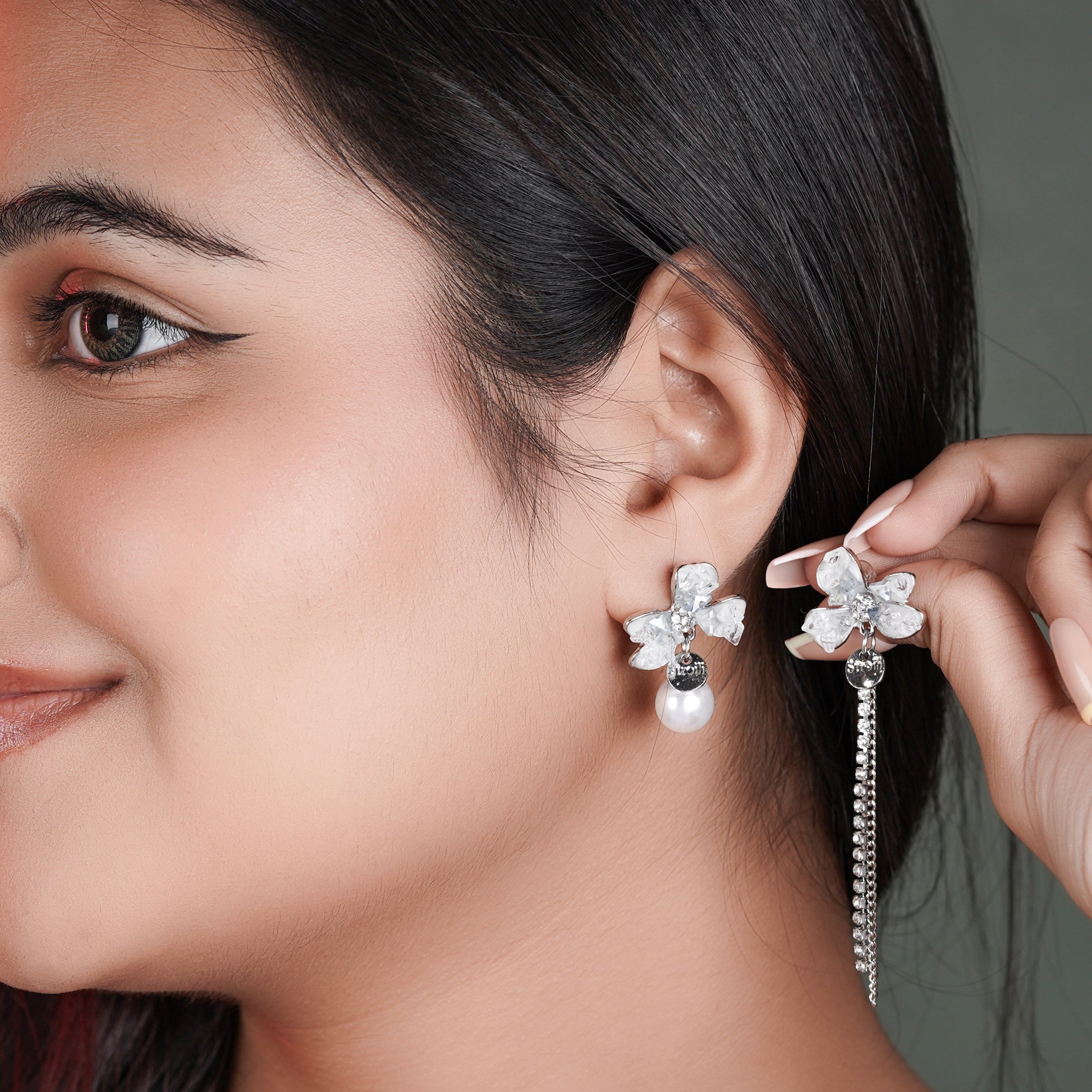 Crystal Petal Earrings with Asymmetric Pearl and Chain Design