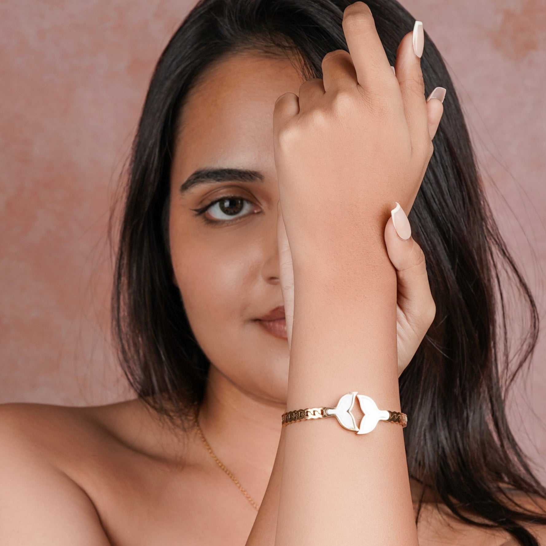 Gold-Plated Whale Tail Bracelet with White Enamel Inlay