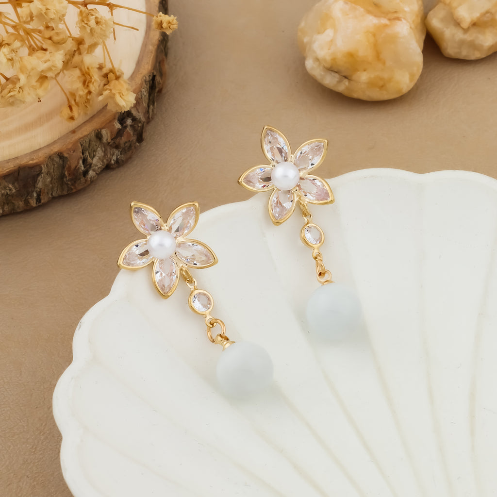 Crystal Bloom Pearl Drop Earrings