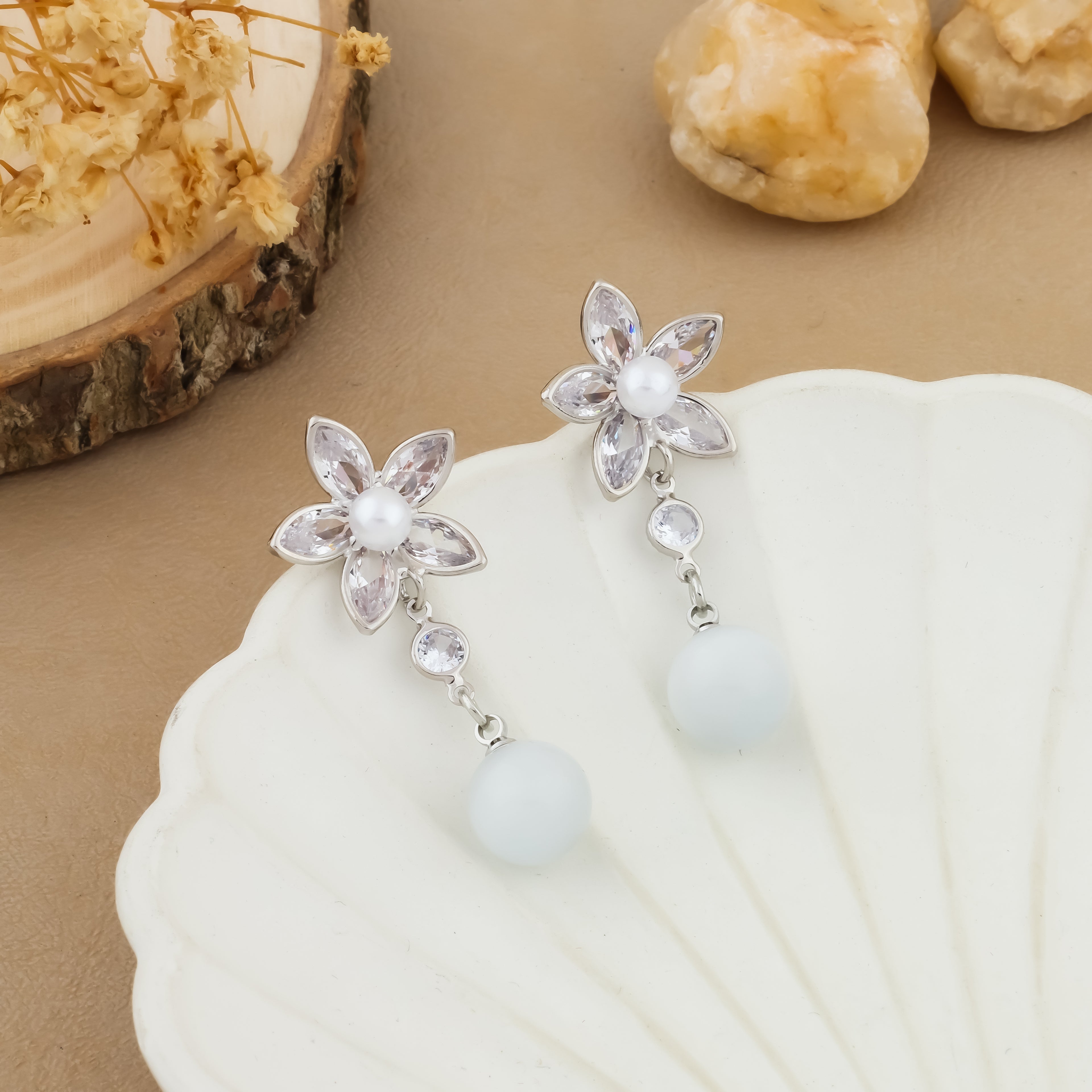 Frosted Petal Crystal Drop Earrings