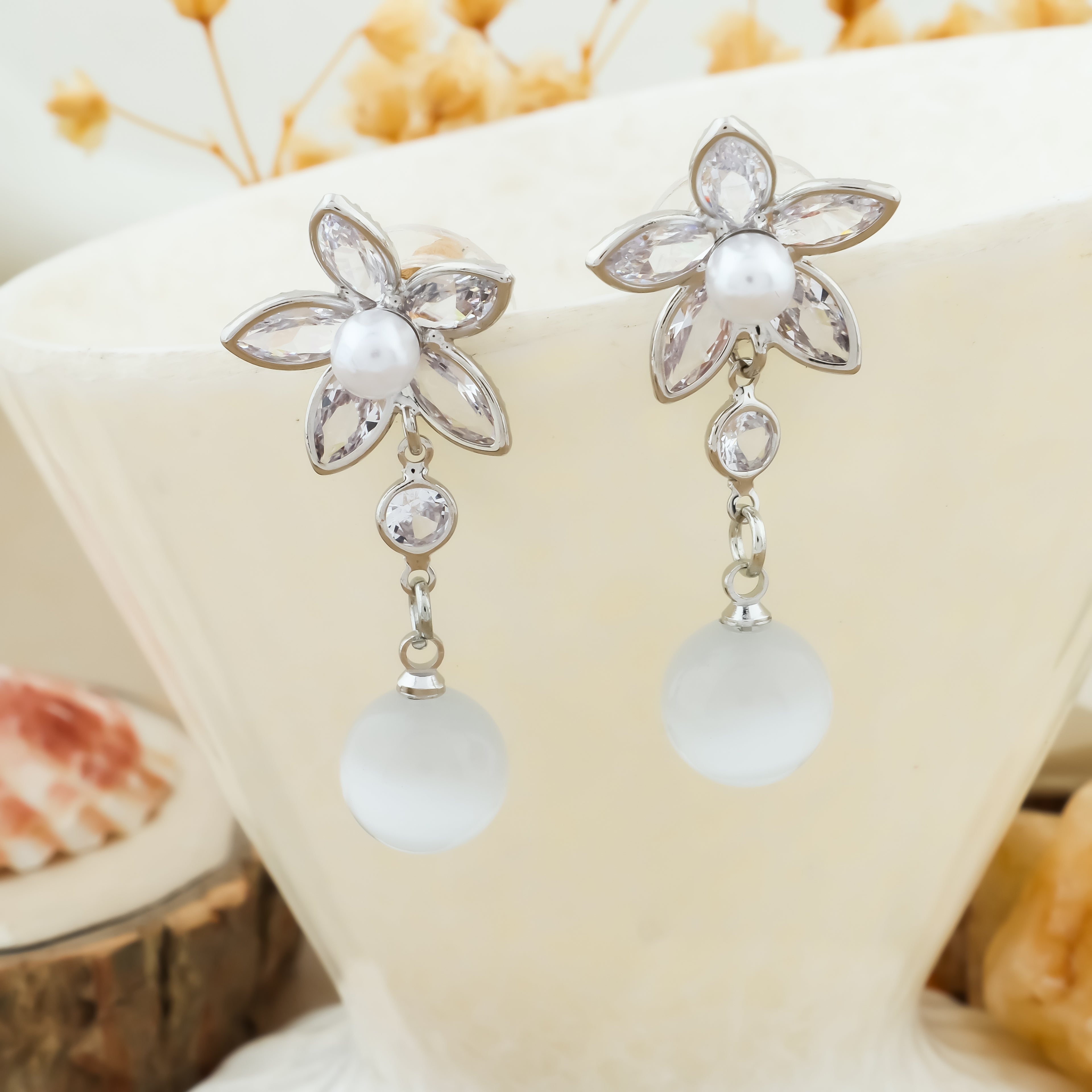 Frosted Petal Crystal Drop Earrings
