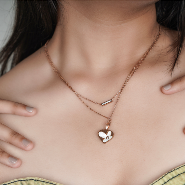 Romantic Double Chain Rose Gold Heart & Bar Necklace