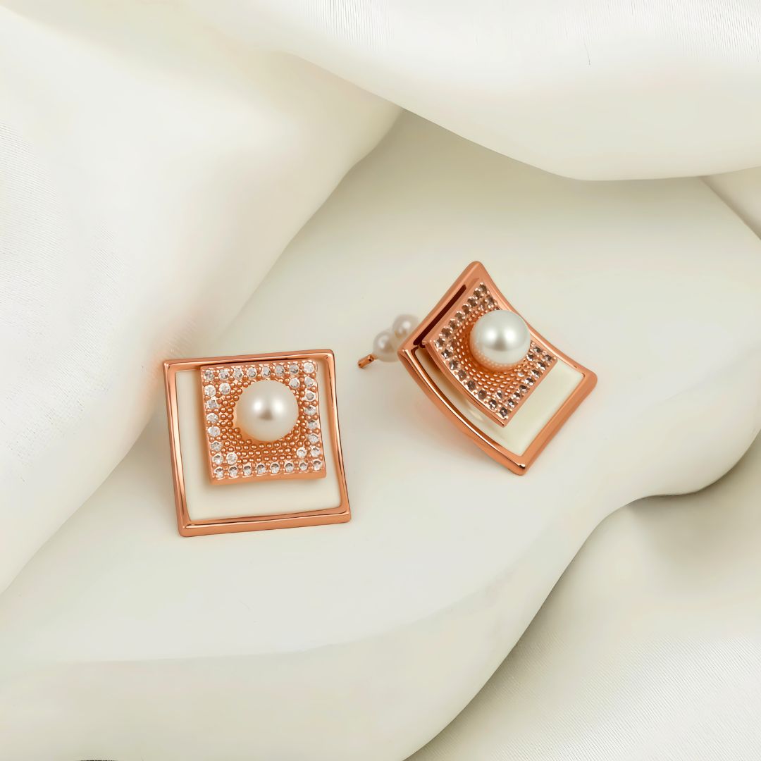 Rose Gold Square Pearl & Crystal Stud Earrings