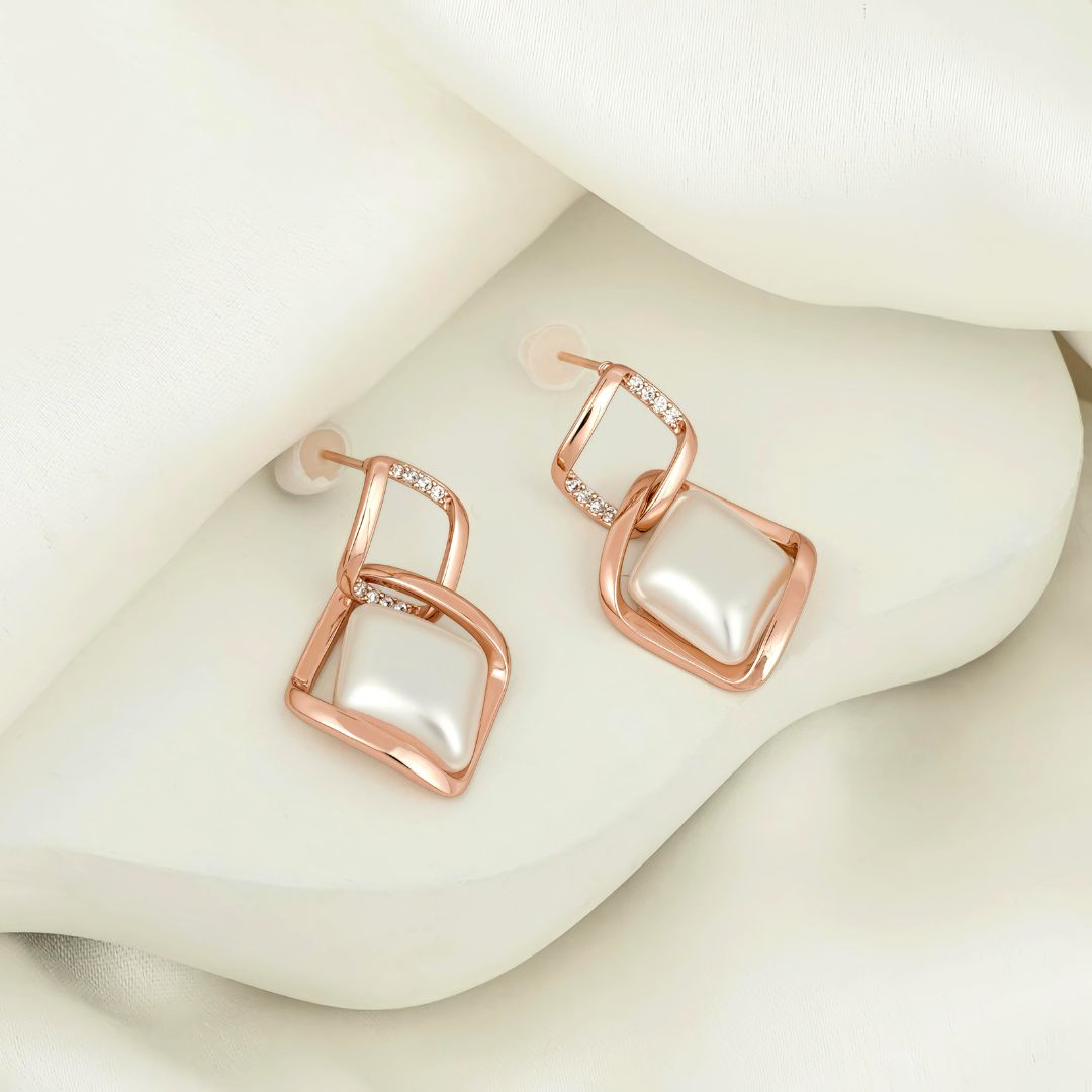 Rose Gold Plated Square Pearl Drop Earrings