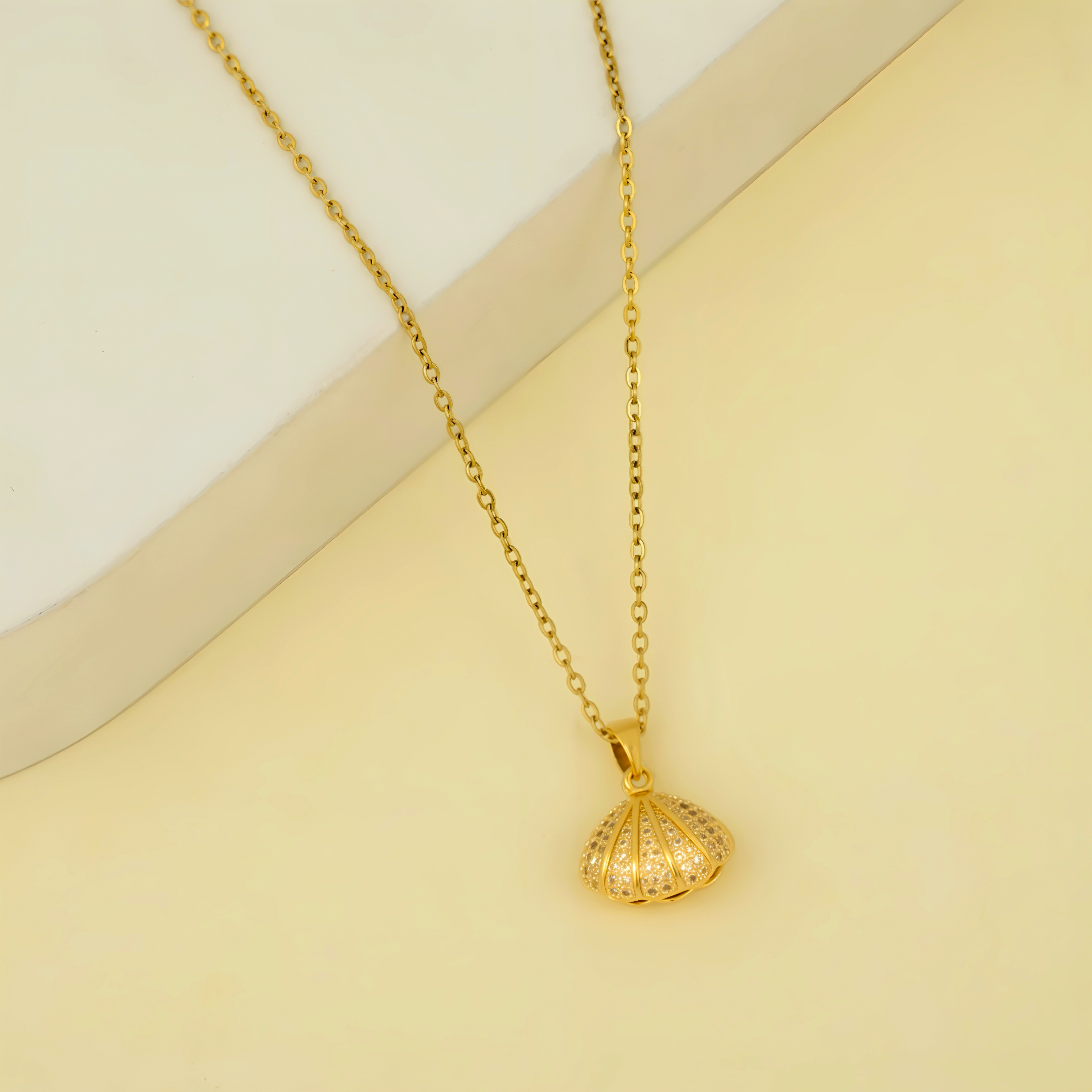 Golden Seashell Locket Necklace with Pearl Accent