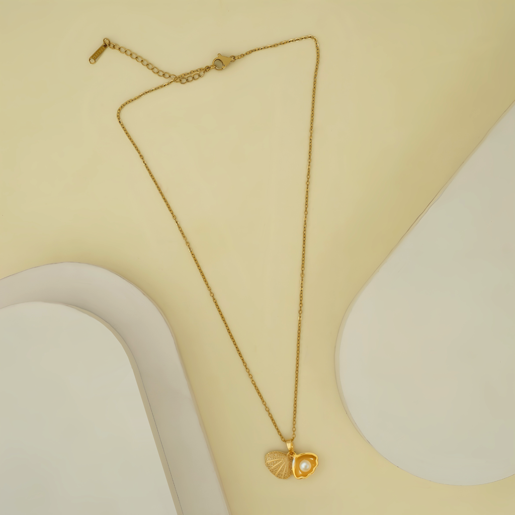Golden Seashell Locket Necklace with Pearl Accent