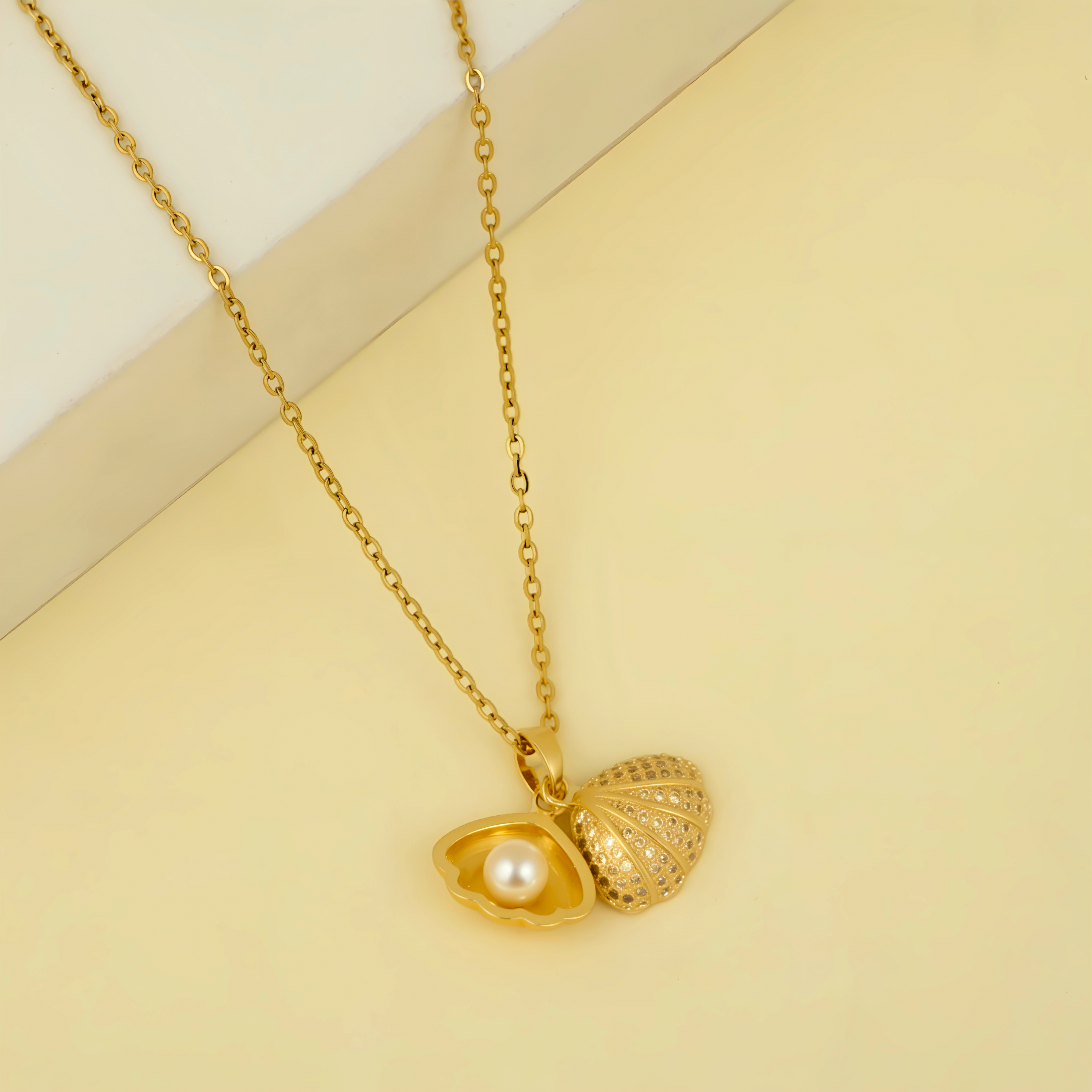 Golden Seashell Locket Necklace with Pearl Accent