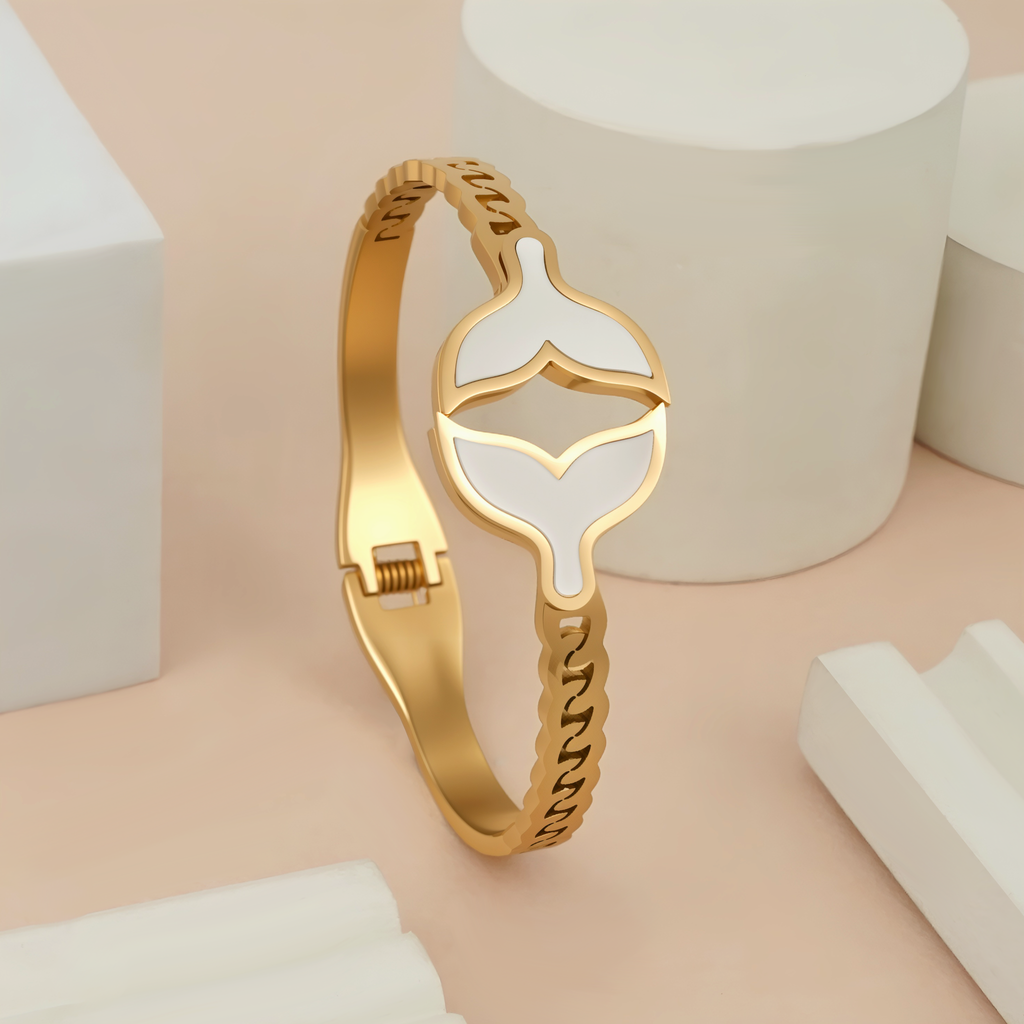 Gold-Plated Whale Tail Bracelet with White Enamel Inlay