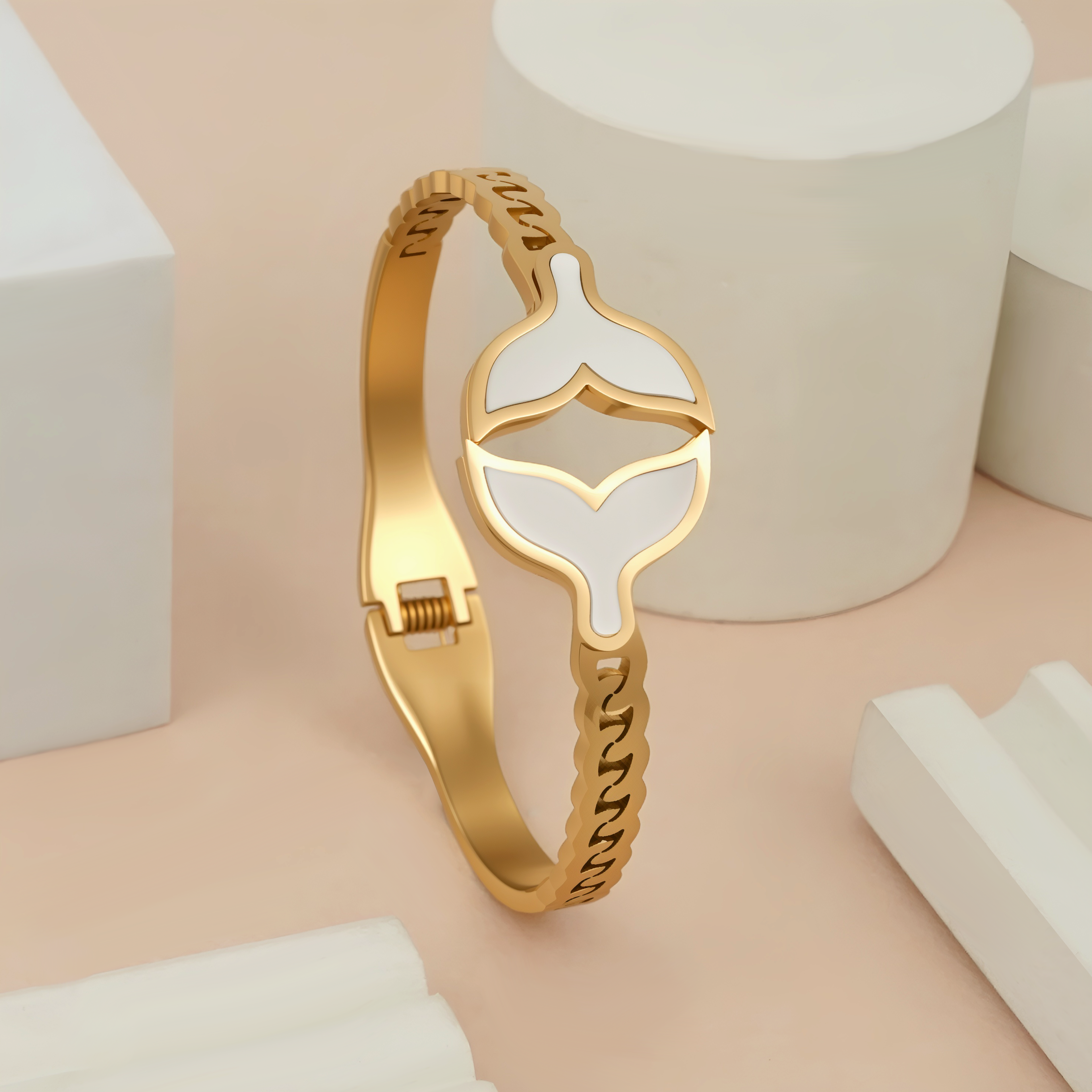 Gold-Plated Whale Tail Bracelet with White Enamel Inlay
