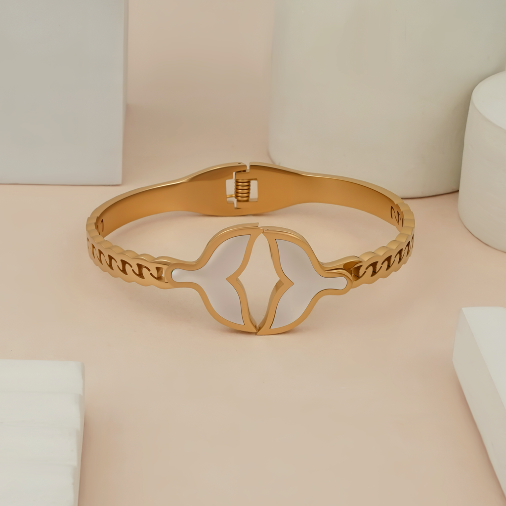 Gold-Plated Whale Tail Bracelet with White Enamel Inlay