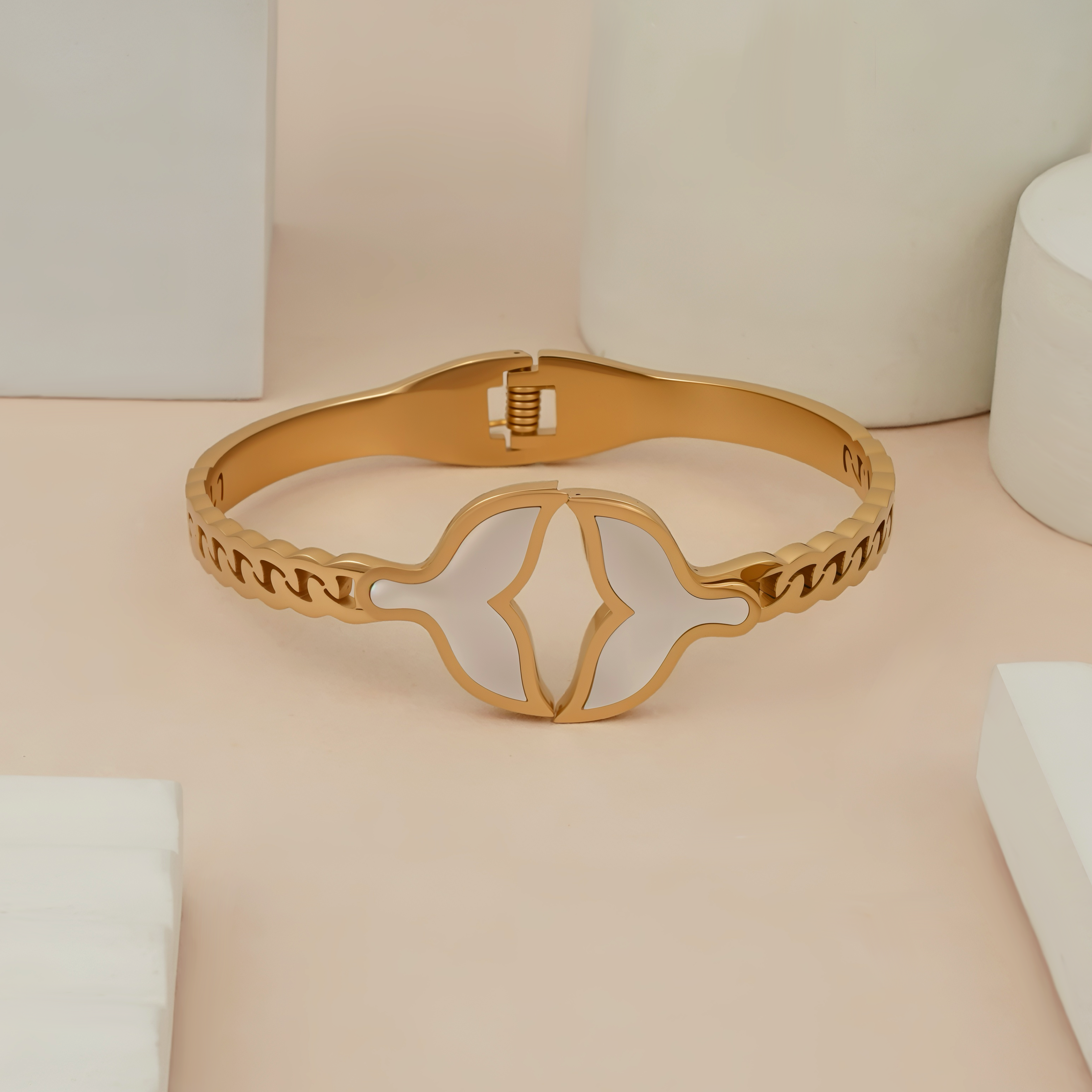 Gold-Plated Whale Tail Bracelet with White Enamel Inlay